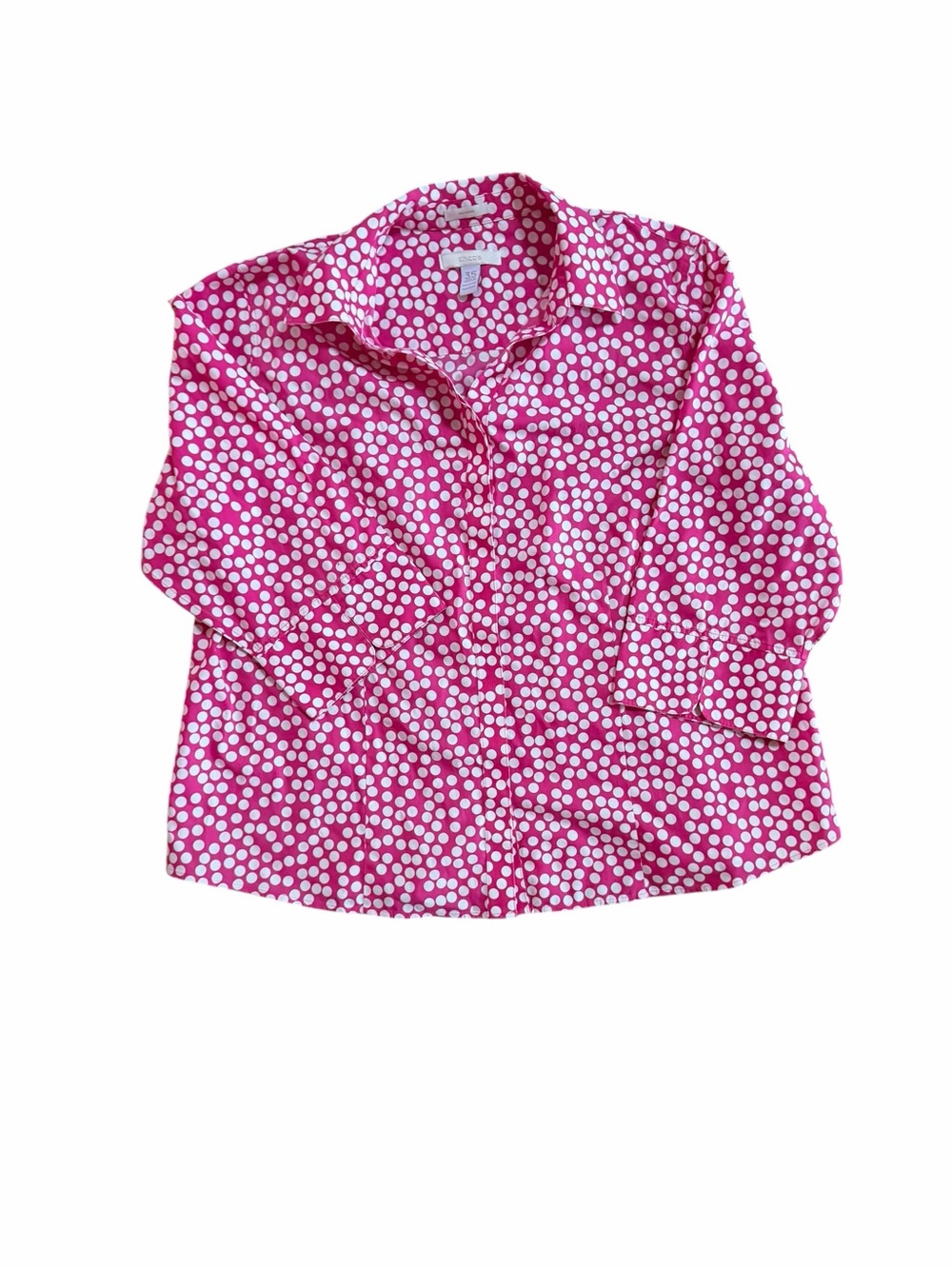 Chico's size 3.5 Pink Polka Dot Button-Up Blouse NO IRON